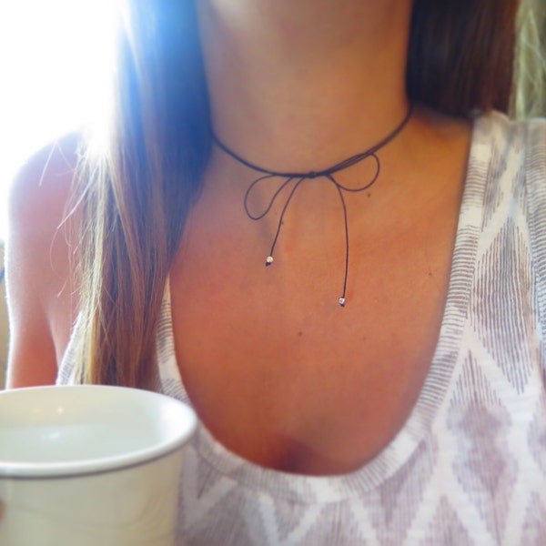 Tiny Thin black cord choker necklace, dainty choker, very thin choker, very thin cord choker, bow choker