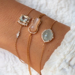 18kt Rose Gold, Diamond and Aquamarine bracelet, cabochon aqua bracelet, one of a kind bracelets, rose gold bracelet stack, push present image 9