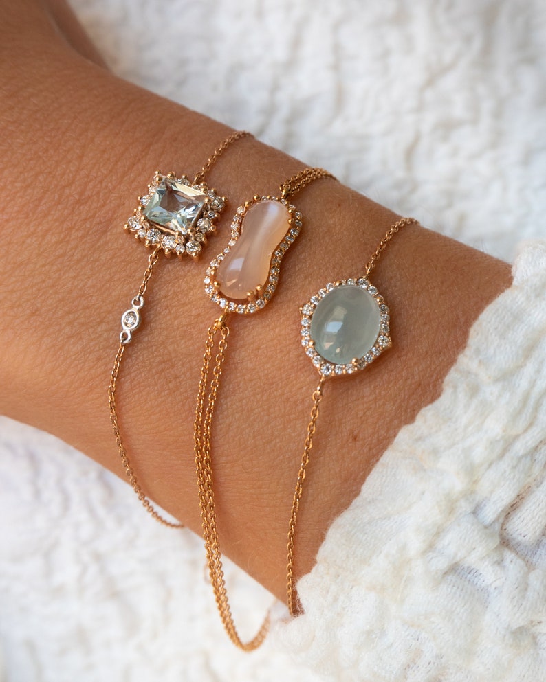 18kt Rose Gold, Diamond and Aquamarine bracelet, cabochon aqua bracelet, one of a kind bracelets, rose gold bracelet stack, push present image 9