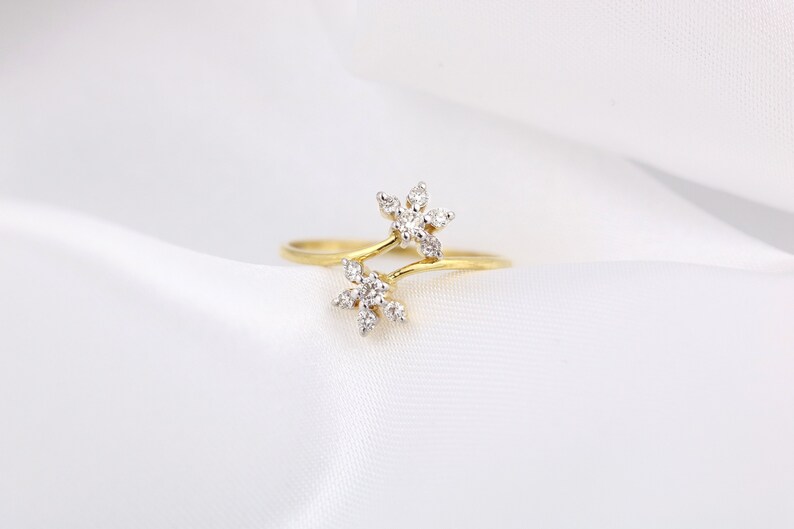 14kt Yellow Gold and Diamond flower ring, dainty diamond flower ring, push present, diamond cluster ring, open flower ring, gifts for her image 1