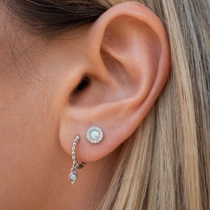 Sterling Silver huggies with opal charm - Gold huggies with charm opal dangle - everyday huggies - opal huggies - dainty huggies - gift idea
