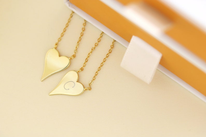 Engravable heart necklace, Gold initial heart necklace, personalized heart pendant, shiny gold heart necklace, elongated heart , gifts image 10