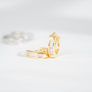 Gold / Silver tiny baguette huggies - baby baguette huggies - everyday huggies for her - very small huggie hoops - small hoops with baguette