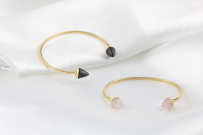 Gemstone bangle Open cuff bangle Pink quartz slip on bangle 18kt Gold Plated Sterling Silver cuff bangle Black onyx cuff bangle