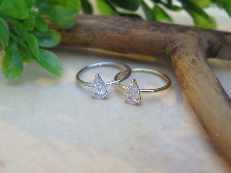 3 COLORS available Sterling Silver Pear shaped cubic zirconia ring Simple dainty solitaire ring fake engagement ring, pear shaped ring image 5