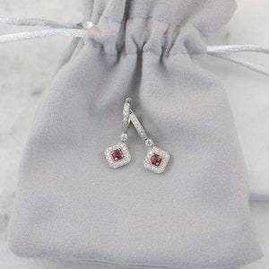 18kt White Gold Diamond and Ruby hanging earring Ruby and diamond earrings Dainty ruby earrings July birthstone white gold and ruby image 5