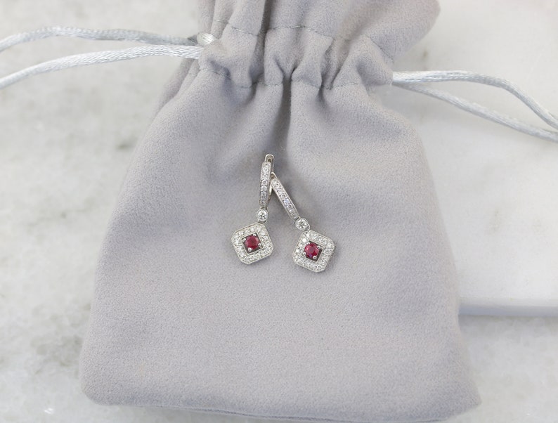 18kt White Gold Diamond and Ruby hanging earring Ruby and diamond earrings Dainty ruby earrings July birthstone white gold and ruby image 5