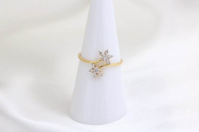 14kt Yellow Gold and Diamond flower ring, dainty diamond flower ring, push present, diamond cluster ring, open flower ring, gifts for her image 2