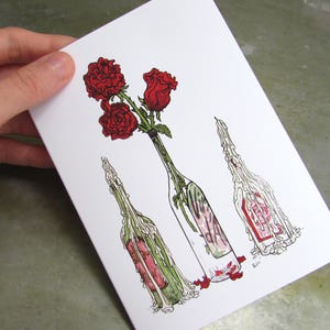 Carta regalo illustrate A6-dimensioni romantico rose e bottiglie di vino