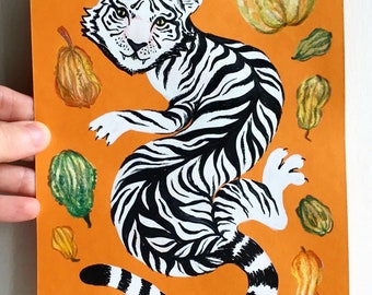 White Tiger with Gourds painting gouache original artwork