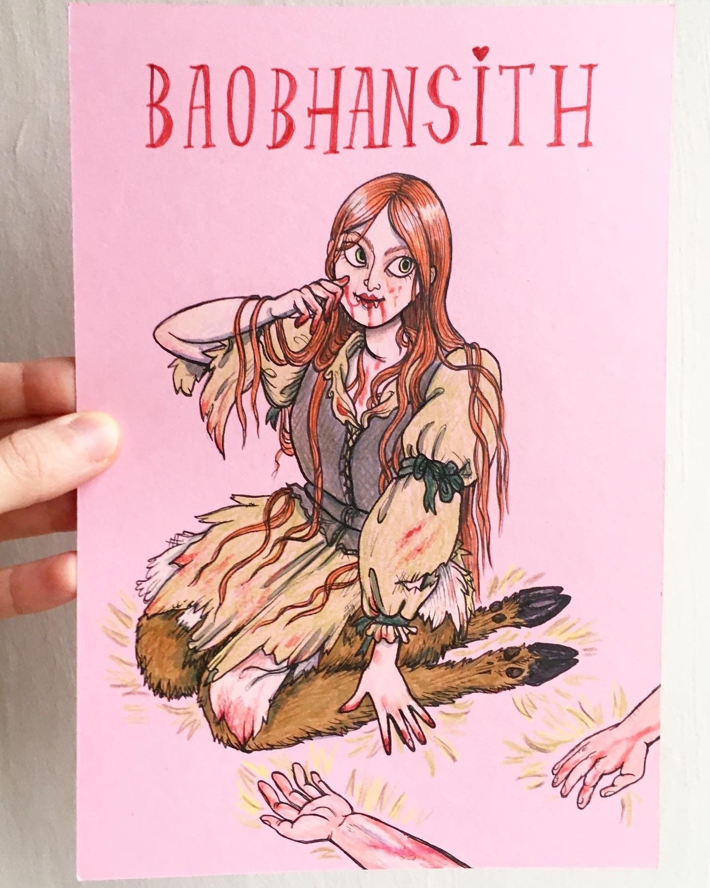 BaoBhan Sith illustration original artwork on pink card