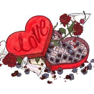 Cartão-presente ilustrado romântico em caixa de chocolate tamanho A6