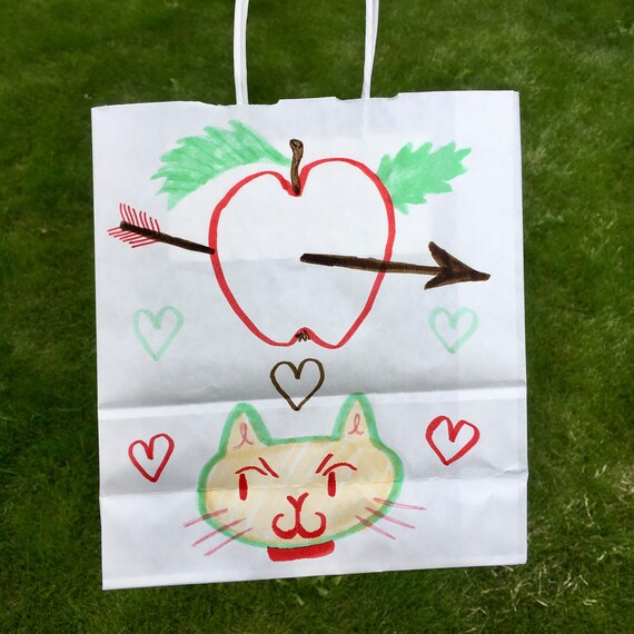 Mint Cat, Apples and Hearts Original Illustrated Paper Bag