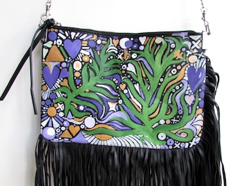 Midnight Garden unique painted upcycled black faux-leather shoulderbag