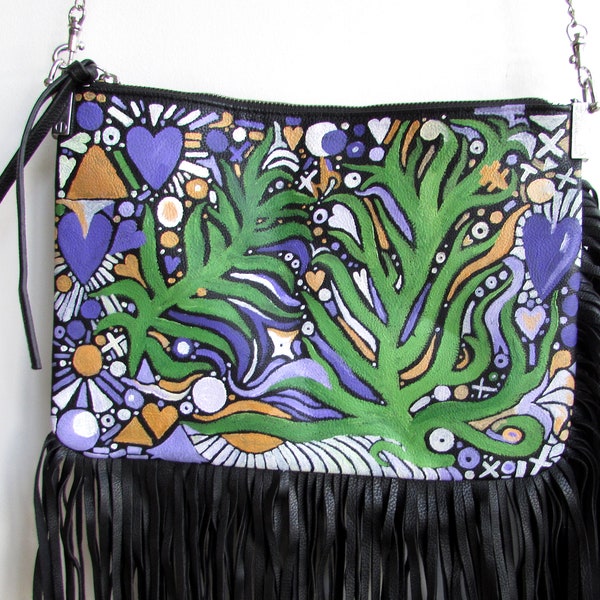 Midnight Garden unique painted upcycled black faux-leather shoulderbag