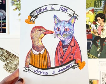 When A Man Loves A Woman duck and cat  in 60s clothes illustration