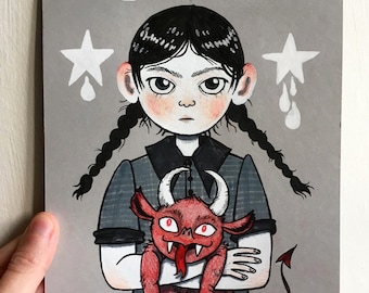 Wednesday Addams with pet demon original artwork