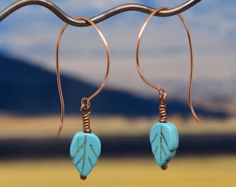 Turquoise & Copper Leaf Earrings