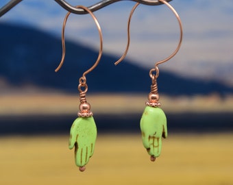 Green Hamsa & copper earrings