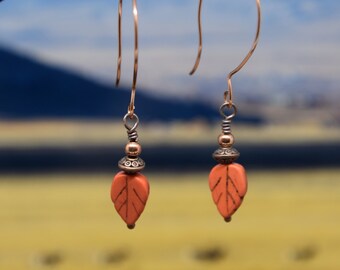 Orange leaf & copper earrings