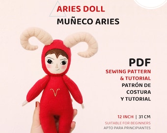 Aries Doll PDF Sewing Pattern & Tutorial -English / Español- Patrón y tutorial de  Muñeco Aries -Astral Dolls Filomeluna- Aries Zodiac Sign