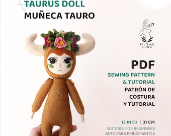 Taurus Doll PDF Sewing Pattern & Tutorial -English / Español- Patrón y tutorial de  Muñeca Tauro -Astral Doll Filomeluna- Taurus Zodiac Sign