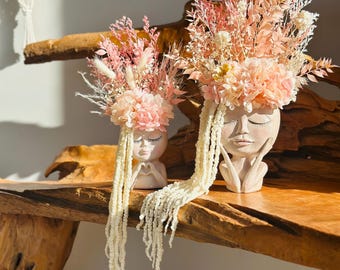white and pink large dried flower arrangement ‘flower Queen’ in lady head vase preserved flowers