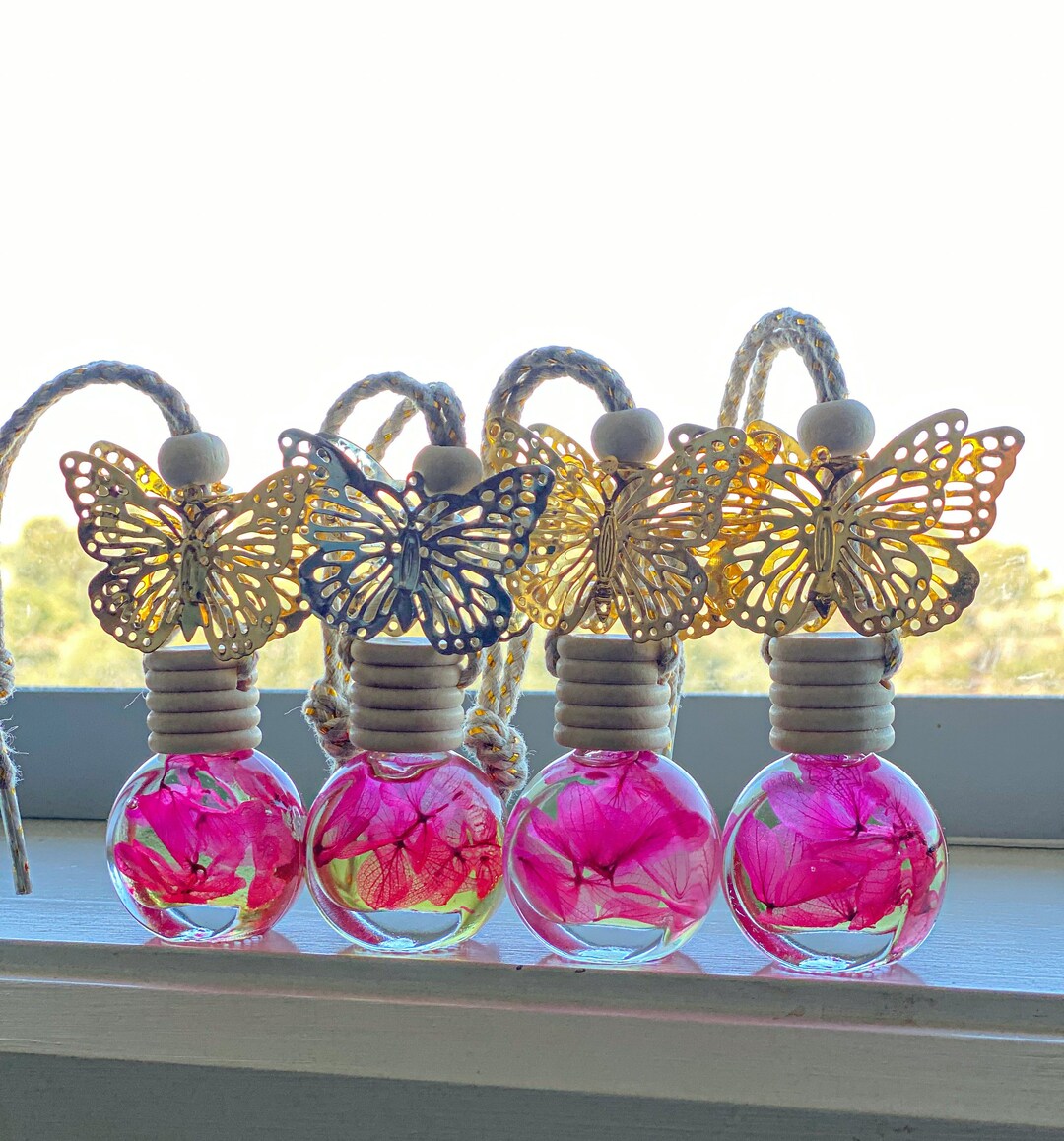Car Van Caravan Air Diffuser With Silver or Gold Butterfly Dried Pink