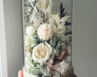 Large sage green and cream neutral Dried preserved flower arrangement in glass dome globe. With or without name