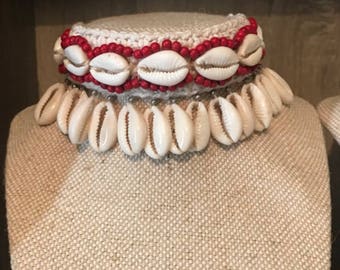 Cowrie shell statement choker necklace red boho gypsy festival
