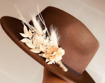 Hat dried flower hat pin tie  boho wedding arrangement cream and white neutrals
