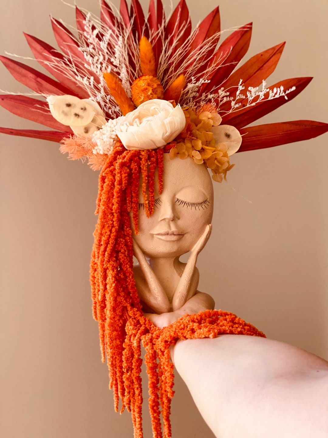 Orange Rust Toned Dried Flower Arrangement in Lady Face Vase Etsy