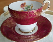 Vintage Paragon Bright Maroon Deep Red with spring floral sprays, gold filigree design, scallop teacup, wedding gift, bridal shower-MW