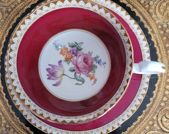 Rare and very gorgeous Vintage AYNSLEY teacup set, red, maroon, cranberry red and rose, Made in England, gift for her, tea party,wedding