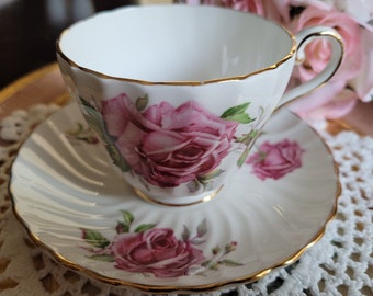 RARE Vintage Swirl White Vintage Aynsley Pink Cabbage Roses on White Background - Tea Cup & Saucer