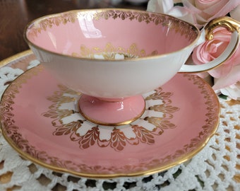 Vintage Aynsley light pink teacup and saucer, pink and gold filigree teacup, pedestal cup, gift for her, footed cup,  Made in England