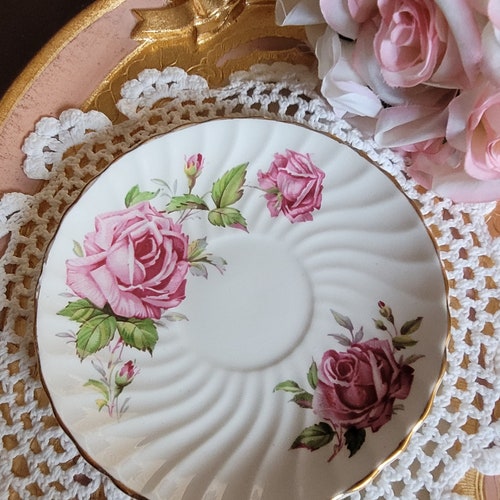 RARE Vintage Swirl White Vintage Aynsley Pink Cabbage Roses on White Background - shops Tea Cup & Saucer