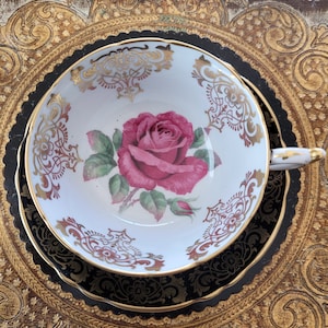RARE Black Paragon teacup with Dark Red Cabbage Floating Rose and gold filigree Teacup and Saucer, Made in England, gift for her, tea party