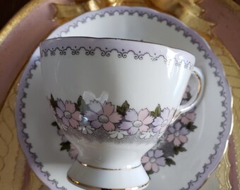 Vintage Tuscan Light Pink and Purple Teacup and Saucer, dainty pink and purple flower petals, flower garlands, Made in England,