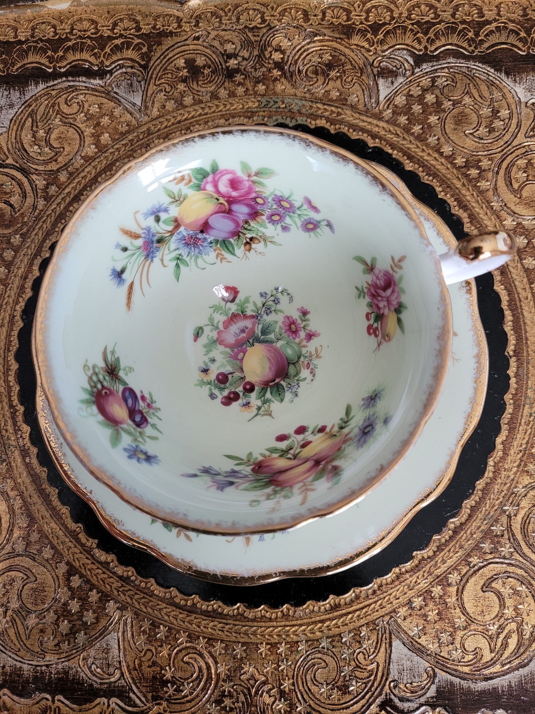 Foley (EB Foley) Mint Green and Gold, Spring Flowers With Fruits ...