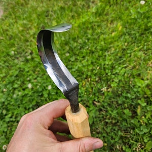 Peut inclure: Un outil de jardinage incurvé, à main, avec une lame en acier poli et un manche en bois clair. La lame est incurvée vers l'intérieur et le manche est de couleur marron clair. L'outil est conçu pour couper ou récolter des plantes.