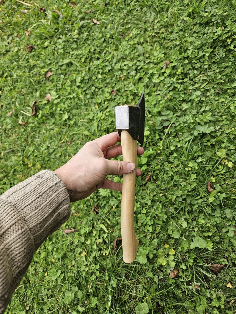 May include: A small black axe with a wooden handle. The axe is held in a hand against a green grassy background.