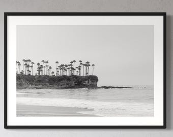 Puede incluir: Fotografía en blanco y negro de una escena de playa con palmeras en un acantilado con vistas al océano.
