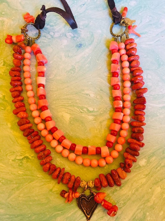 TRIPLE TREAT ~ Multi-strand Vintage Coral and Lea… - image 9