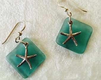 BEACHY BLUES - Aqua Beach Glass & Sterling Silver Earrings.