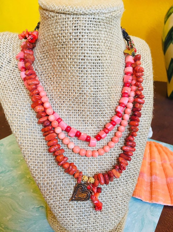 TRIPLE TREAT ~ Multi-strand Vintage Coral and Lea… - image 8