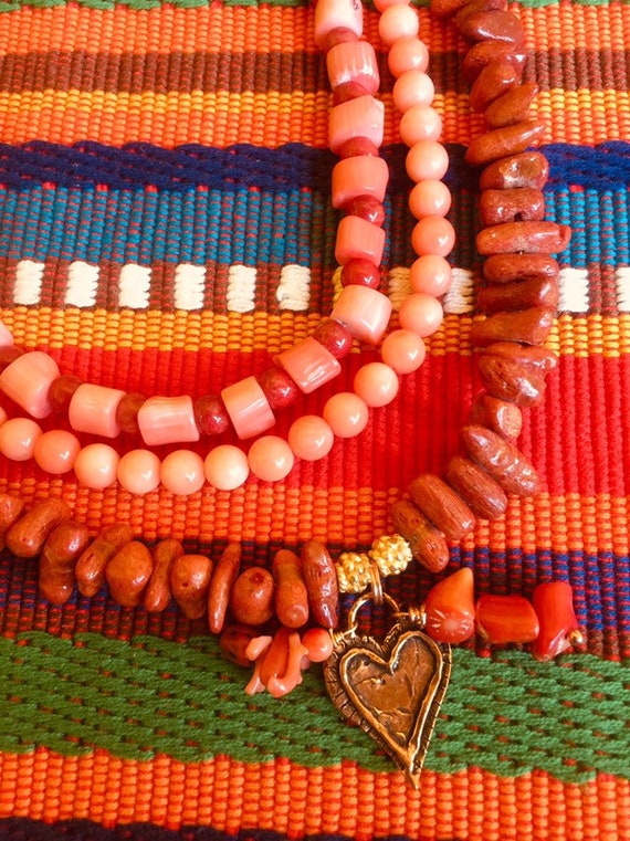 TRIPLE TREAT ~ Multi-strand Vintage Coral and Lea… - image 3