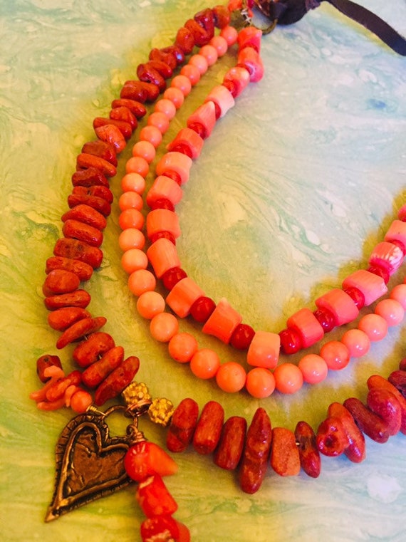 TRIPLE TREAT ~ Multi-strand Vintage Coral and Lea… - image 6