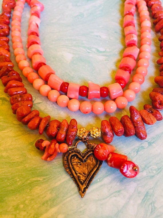 TRIPLE TREAT ~ Multi-strand Vintage Coral and Leat