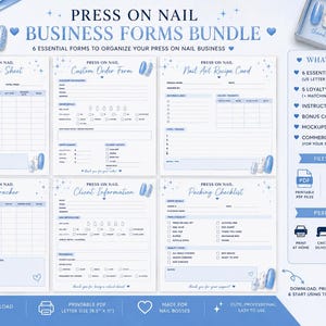 May include: A digital business forms bundle for press-on nail businesses, featuring six printable sheets including an inventory sheet, custom order form, nail art recipe card, order tracker, client information, and packing checklist in blue and white.
